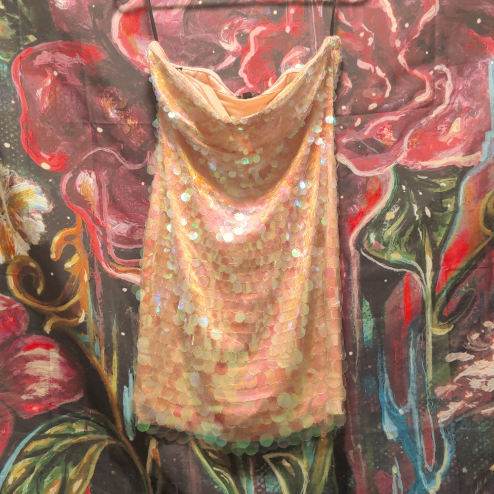 NWOT Pink / peach BEBE S strapless dress w/ iridescent sequins.